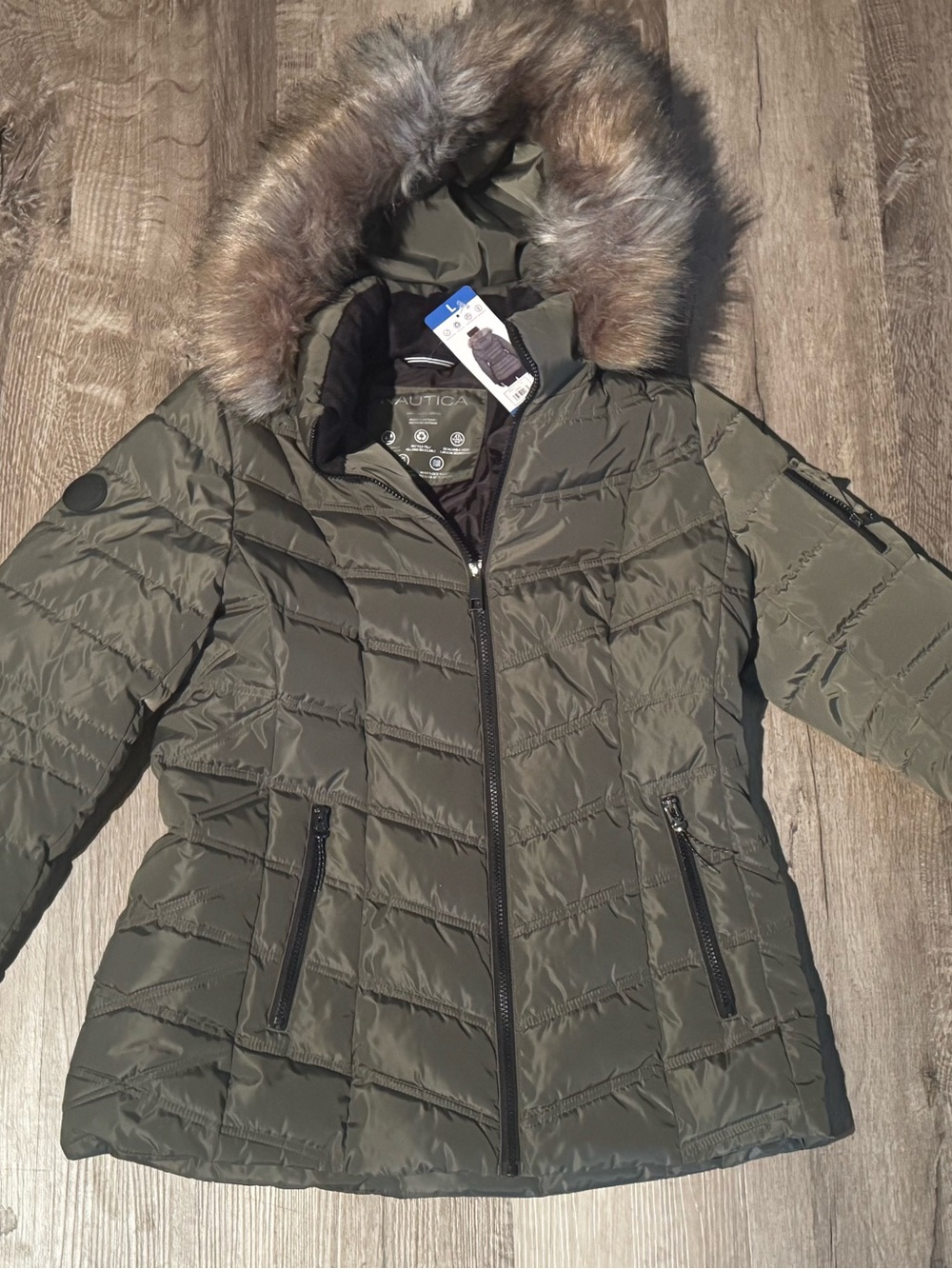 Nautica Women's Olive Quilted Puffer Jacket with Faux Fur-Trim Hood